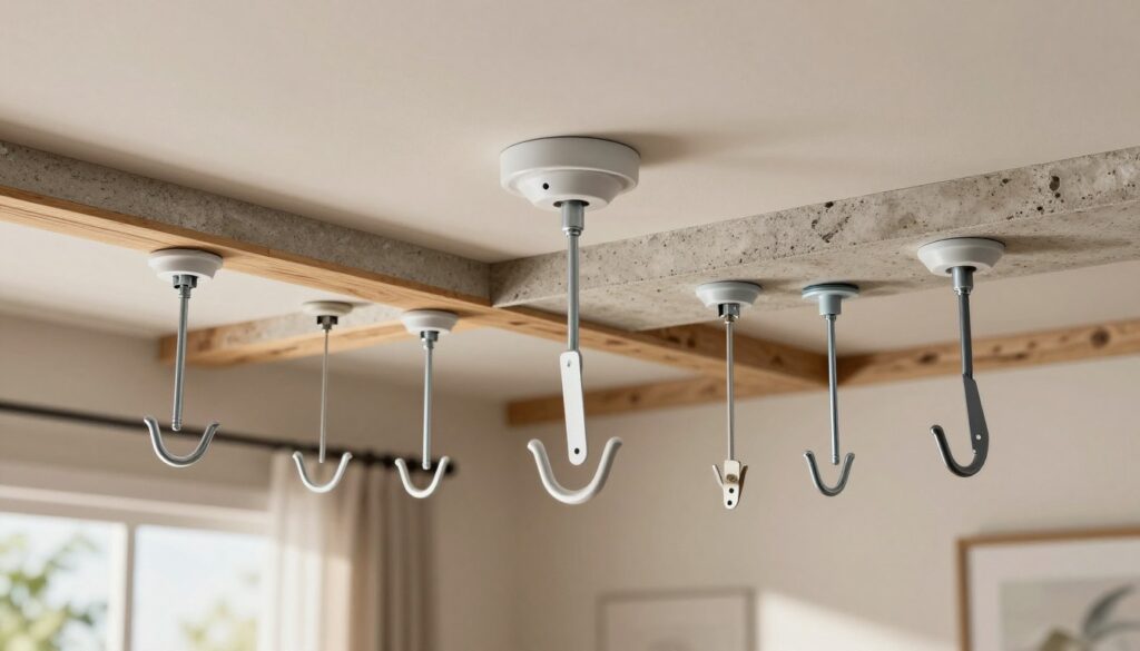 A well-lit and detailed image showcasing a variety of ceiling mounts for swinging objects, with a focus on the structural differences between ceiling types found in homes. In the foreground, display various types of ceiling anchors and hardware, such as hooks and brackets, specific to drywall and concrete ceilings. In the middle ground, depict a cross-section of a ceiling with different materials (drywall, wooden beams, concrete), illustrating how each one impacts the type of mount used. The background should be softly blurred to emphasize the foreground, featuring hints of a home interior, like soft lighting and neutral tones, creating a warm and informative atmosphere. Use natural sunlight filtering in, creating shadows that highlight the hardware, enhancing the educational aspect of the image.