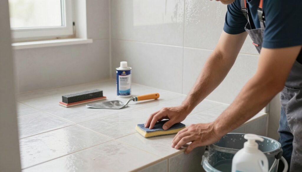 A well-lit bathroom scene showcasing the process of preparing old tiles for a new layer. In the foreground, a focused worker in a professional attire carefully scrubs the existing tiles, highlighting the cleaning process with a bucket of cleaning solution nearby. In the middle ground, various tools are arranged neatly: a sander for matting the surface, a trowel, and a primer can, emphasizing the preparation steps. The background features a partially finished wall with a sheen of moisture, suggesting post-cleaning readiness. Soft, natural light streams through a nearby window, creating a fresh, hopeful atmosphere, while the tiles have a subtle texture that indicates prior use. The composition should convey diligence and transformation.
