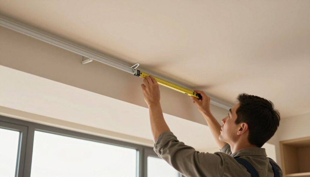 A well-lit interior scene showcasing the installation of a ceiling curtain rail. In the foreground, a professional in smart casual clothing is carefully measuring the placement of the rail, using a level tool for precision. The middle ground features a sleek, modern ceiling with a smooth finish, where the rail is being secured with clean, minimalistic brackets. In the background, light filters in from a large window, illuminating the space to create a warm and inviting atmosphere. The overall mood conveys a sense of calm focus and professionalism, emphasizing the step-by-step process of the installation. The angle is slightly elevated to capture both the installer and the rail clearly, showcasing the installation details without any distractions.