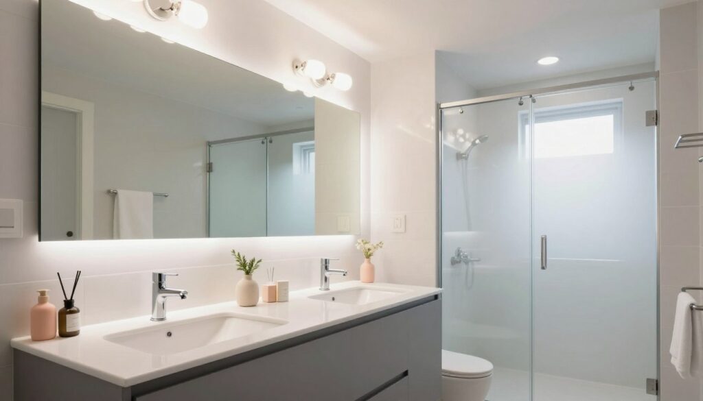 A well-lit modern bathroom showcasing general lighting ideal for everyday use. In the foreground, a sleek vanity with a large mirror reflects soft, diffused LED lighting, creating an inviting ambiance. The middle features a double-sink setup adorned with minimalist decor and stylish light fixtures that provide bright, uniform illumination suitable for makeup application. In the background, a spacious shower area with frosted glass doors adds depth, while subtle natural light filters in from a small window, enhancing the overall atmosphere. The color palette consists of soothing whites, soft grays, and hints of pastel accents, contributing to a fresh and clean aesthetic. The scene captures an air of tranquility, emphasizing the importance of proper lighting in bathroom functionality.