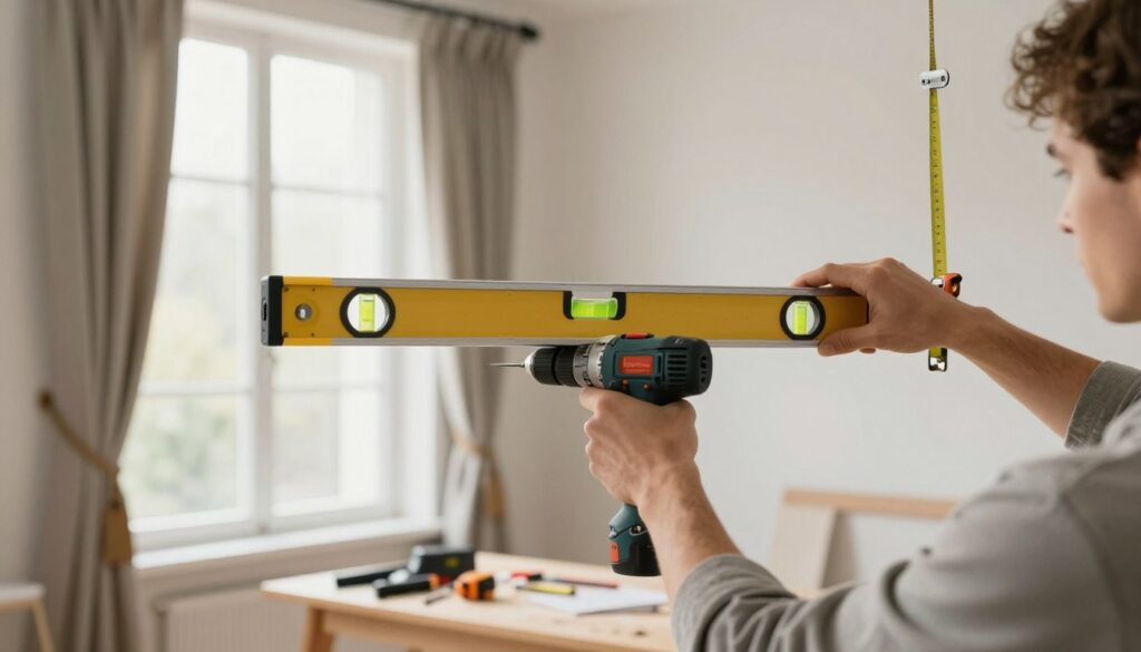 A well-lit room showcasing a person skillfully installing a curtain rod on brackets. The foreground features a close-up of the person's hands using a drill to secure the rod, wearing modest casual attire. In the middle, a level is prominently displayed ensuring the rod is straight, with a measuring tape on the side for accuracy. The background shows a large window with elegant curtains partially drawn, adding depth to the scene. Natural light streams in, highlighting the tools and materials on a nearby table, creating a professional and focused atmosphere. The overall mood is one of precision and hands-on craftsmanship, ideal for illustrating a DIY home improvement project. A well-lit room showcasing a person skillfully installing a curtain rod on brackets. The foreground features a close-up of the person's hands using a drill to secure the rod, wearing modest casual attire. In the middle, a level is prominently displayed ensuring the rod is straight, with a measuring tape on the side for accuracy. The background shows a large window with elegant curtains partially drawn, adding depth to the scene. Natural light streams in, highlighting the tools and materials on a nearby table, creating a professional and focused atmosphere. The overall mood is one of precision and hands-on craftsmanship, ideal for illustrating a DIY home improvement project.