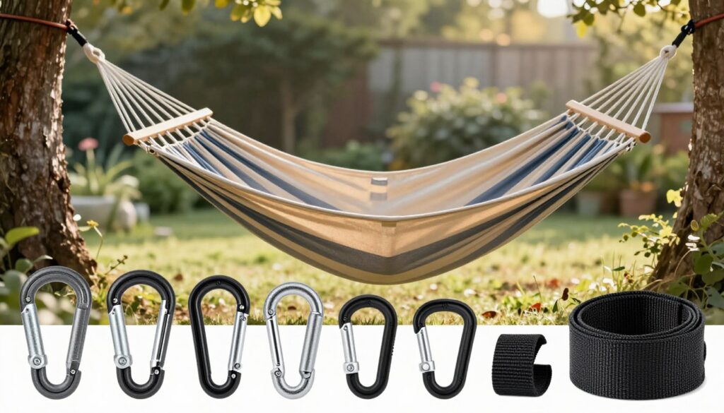 A well-organized image that showcases various hammock mounting solutions, specifically focusing on links, carabiners, and mounting elements. In the foreground, prominently feature an assortment of high-quality, rugged mounting hardware, including strong metal carabiners and durable straps. The middle ground should depict a securely mounted hammock, elegantly draped between two trees or posts, demonstrating how the hardware is used. In the background, softly blurred greenery of a garden or backyard setting offers a serene atmosphere. The light is warm and inviting, evoking a peaceful outdoor ambiance, ideally captured from a slightly elevated angle to fully display both the hardware and the hammock. The composition emphasizes safety and reliability in hammock mounting.