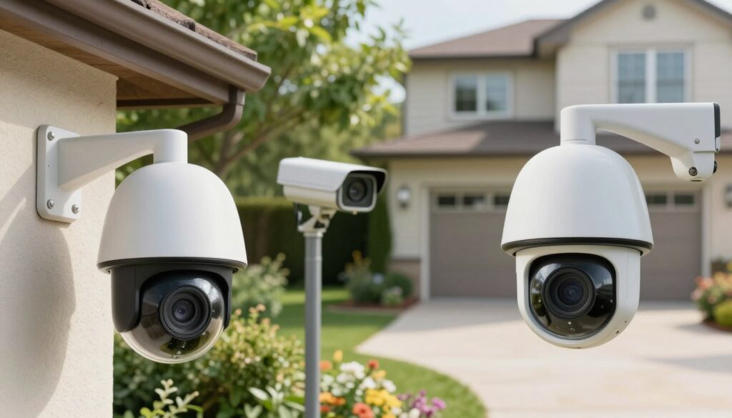 A well-organized outdoor space featuring various types of outdoor surveillance cameras suitable for different settings. In the foreground, show a high-tech dome camera mounted on a wall, with sleek lines and a matte finish, capturing a clear view of a garden. In the middle ground, depict a bullet camera positioned to monitor a driveway, surrounded by lush greenery, reflecting a sunny day with soft shadows. In the background, include a wide-angle view of a house that showcases the different camera angles and placements, emphasizing security and surveillance integration. The overall mood should convey safety and high-tech security, with bright natural lighting illuminating the scene, enhancing the feeling of vigilance and protection. A well-organized outdoor space featuring various types of outdoor surveillance cameras suitable for different settings. In the foreground, show a high-tech dome camera mounted on a wall, with sleek lines and a matte finish, capturing a clear view of a garden. In the middle ground, depict a bullet camera positioned to monitor a driveway, surrounded by lush greenery, reflecting a sunny day with soft shadows. In the background, include a wide-angle view of a house that showcases the different camera angles and placements, emphasizing security and surveillance integration. The overall mood should convey safety and high-tech security, with bright natural lighting illuminating the scene, enhancing the feeling of vigilance and protection.