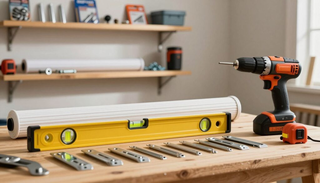 A well-organized workspace showcasing essential tools for installing a ceiling curtain rod. In the foreground, prominently feature a sturdy level, a tape measure, a cordless drill, and a set of brackets neatly arranged on a wooden workbench. The middle ground includes a roll of curtain rod and assorted screws, while behind them, shelves hold additional supplies like wall anchors and a stud finder. Soft, diffused lighting casts gentle shadows, creating a warm and inviting atmosphere. The background is slightly blurred to keep focus on the tools. The overall composition conveys a sense of professionalism and preparedness, ideal for a home improvement project.