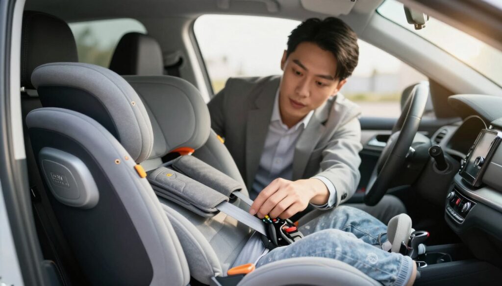 An interior view of a family car with a focus on a securely installed child car seat for ages 9–36. In the foreground, a close-up of the car seat's harness system shows the tightening mechanism and safety indicators, ensuring clarity on its stability. In the middle ground, a parent in professional attire closely inspects the car seat, demonstrating proper adjustment techniques with a focused facial expression. The background features the car’s interior, including the dashboard and rearview mirror, softly lit to create a warm, inviting atmosphere. Natural light streams through the windows, enhancing the safety and comfort theme, while maintaining a sense of professionalism and diligence in ensuring child seat safety.