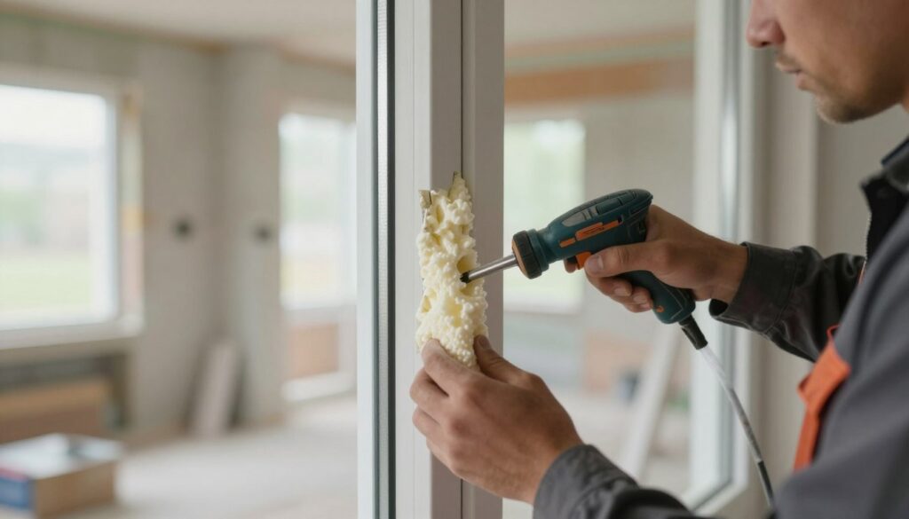 A close-up scene depicting the process of sealing gaps with foam in a window installation context. In the foreground, a professional in modest workwear is applying expanding foam into a gap around a window frame, showcasing the tool in their hands. The middle of the frame highlights the textured foam filling the space, emphasizing the detail and precision of the application. The background features a well-lit interior construction site with partially installed walls and window frames, suggesting an organized environment. Soft, natural lighting filters through nearby windows, creating a focused and industrious atmosphere, while the angle captures the action from a slightly elevated perspective to accentuate the sealing process.