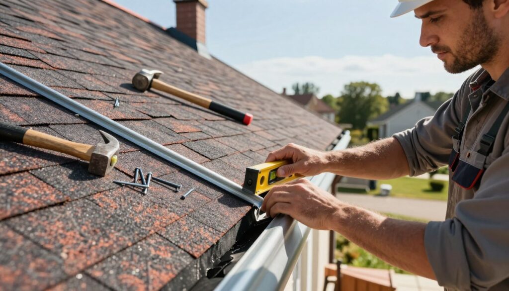 A close-up view of a professional contractor expertly installing a roof edge flashing (pas nadrynnowy) on a sloped roof. In the foreground, the contractor, dressed in a modest work shirt and safety helmet, carefully aligns the flashing, using a level tool to ensure accuracy. The middle ground features detailed shingles and tools like a hammer and nails scattered nearby. The background includes a clear blue sky and a picturesque neighborhood with trees, adding a serene atmosphere. The sunlight creates soft shadows, emphasizing the textures of the roof materials. The image captures a focused, professional mood, ideal for a DIY home improvement project.