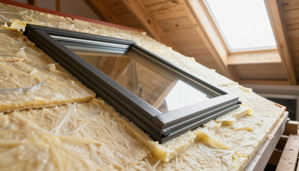 A close-up view of a roof window installation featuring effective thermal insulation techniques. In the foreground, showcase detailed layers of insulation materials like foam boards and vapor barriers surrounding the window frame. The middle section highlights the roof structure, demonstrating proper sealing methods to prevent leaks. The background shows a well-lit attic space with rafters and bright, natural sunlight streaming through the window. Emphasize clarity and sharpness in the image to capture the technical details of the insulation process. Use a warm, inviting color palette to convey a sense of comfort and efficiency in energy use. The atmosphere should reflect professionalism and craftsmanship, ideal for a construction or home improvement context.