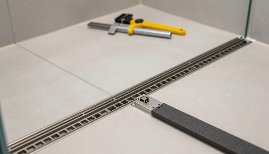 A detailed and professional scene depicting the installation of a linear drain in a modern shower setting. In the foreground, a sleek linear drain is being positioned, showcasing its design and material. The middle features a tile floor with visible gradients demonstrating the proper slope for drainage; some tiles are freshly laid, while others are partially installed. In the background, tools and materials are organized neatly, emphasizing a well-planned workspace. The lighting is bright and focused on the installation area, creating a clean and efficient atmosphere. The angle captures the drain from a slightly elevated viewpoint, providing a comprehensive view of the setup process. The overall mood is professional and meticulous, suitable for a home improvement project.