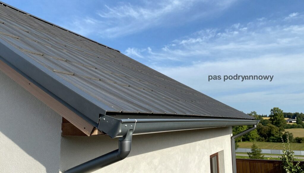 A detailed comparison of "pas nadrynnowy" and "pas podrynnowy" on a picturesque rooftop setting. In the foreground, highlight a well-constructed nadrynnowy gutter profile made of sleek metal, showcasing its clean lines and robust structure. Next to it, the podrynnowy version should be visibly demonstrated, perhaps installed along a sloping surface, capturing its unique features. The middle ground features a beautiful house with a slanted roof, partially covered with a blue sky and wispy clouds, enhancing the architectural context. In the background, include a serene landscape with trees to add depth. The lighting should be bright and natural, suggesting a sunny day, while the camera angle might be slightly low to emphasize the roof and the differing gutter designs. Aim for a professional, informative atmosphere.