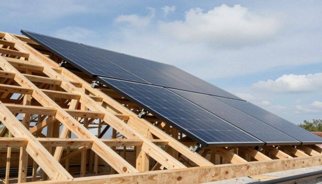 A detailed image of a sloped roof construction designed for solar panel installation. In the foreground, show a sturdy wooden framework including rafters and trusses, illustrating the preparation needed for a secure base. The middle ground should include solar panels partially installed, highlighting their angles and how they align with the structure. In the background, depict a clear blue sky with soft white clouds, casting natural light on the scene, which enhances the modern and functional atmosphere. Capture the image from an elevated angle, focusing on the roof's geometry and showcasing the technical details of the supporting structure. No people should be present, ensuring a clean, professional depiction of roof construction.