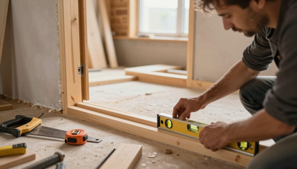 A detailed scene of a professional carpenter expertly installing a fixed door frame (ościeżnica stała) in a wall opening. In the foreground, the carpenter, dressed in modest casual work attire, is using a level to ensure alignment, surrounded by tools like a saw and measuring tape. The middle ground shows the sturdy wooden frame being placed precisely into the opening, with fresh wood grain textures visible. The background features a partially constructed room with natural light filtering through windows, creating a warm atmosphere. The composition should focus on the craftsmanship, with soft, even lighting highlighting the details of the materials and the focus on the installation process. The angle should be slightly elevated, capturing both the carpenter's concentration and the intricate work being done.