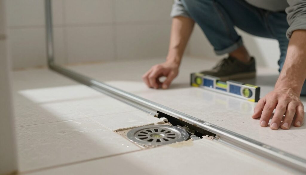 A detailed view of a poorly installed linear shower drain, showcasing common assembly mistakes. In the foreground, the drain is prominently displayed, revealing misalignment and incorrect slope, with water pooling around it. The middle ground features a partially tiled shower floor, highlighting uneven grout lines and misplaced tiles. In the background, a person in modest casual attire is examining the setup, holding a level tool, looking concerned. Soft, natural lighting filters in from a nearby window, casting gentle shadows, creating a realistic atmosphere of a bathroom installation scene. The overall mood conveys an informative and instructional vibe, focused on the issues of improper drainage assembly.