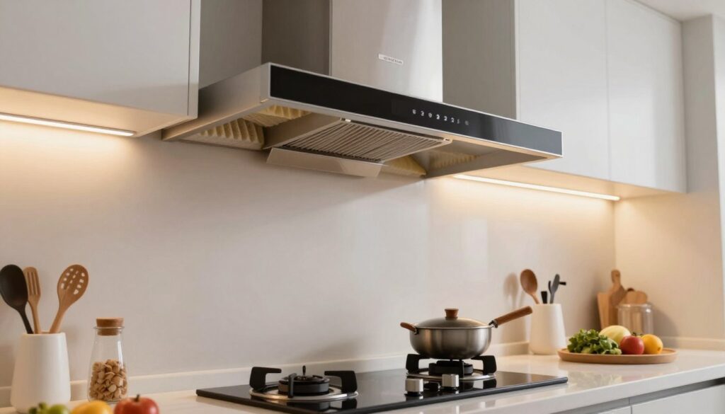 A modern kitchen interior featuring a stylish, well-installed kitchen hood with effective soundproofing materials. In the foreground, showcase the hood's sleek design with visible insulation layers like acoustic panels or sound-dampening foam. The middle ground highlights a professional-grade stove and countertop, surrounded by cooking utensils and ingredients, reflecting an organized workspace. The background consists of bright, warm lighting illuminating the entire kitchen, creating a cozy and efficient atmosphere. Use a wide-angle lens to capture the entire scene, emphasizing both aesthetics and functionality. The mood is inviting and practical, perfect for demonstrating effective kitchen solutions. The image should evoke a sense of professionalism and comfort, focusing on stability and noise reduction in kitchen installations.