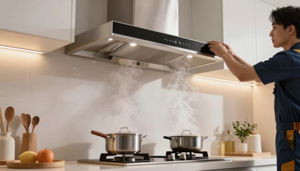 A modern kitchen scene highlighting the installation of a sleek, stainless steel range hood. In the foreground, the focus is on the carefully positioned range hood above a stylish stovetop, with visible ductwork illustrating its connection to the exterior. Midground elements include pots and pans simmering on the stove, emitting gentle steam, with a professional installer in smart, casual attire, adjusting the range hood for optimal performance. The background features elegant cabinetry and soft ambient lighting that creates a warm, inviting atmosphere. The image captures a sense of efficiency, cleanliness, and modernity, emphasizing the effectiveness of the range hood in eliminating steam and odors from cooking. The angle is slightly high, providing a comprehensive view of the kitchen layout and the installation process.
