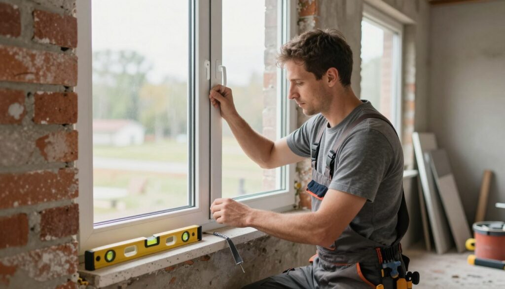 A professional installer carefully fits a window into a brick wall, demonstrating the meticulous process of window installation. In the foreground, focused hands adjust the window frame, while tools like a level and caulking gun lie nearby. In the middle ground, the half-installed window shows a view of the outdoors, allowing natural light to spill into the interior space. The background features a partially constructed wall, with construction materials and equipment organized neatly. Soft, diffused daylight filters through, highlighting the installer in modest, professional attire, creating a productive and positive atmosphere that conveys diligence and precision in the choice of installation methods. A depth of field effect draws attention to the installer and the window, ensuring a clear, professional representation of the topic.