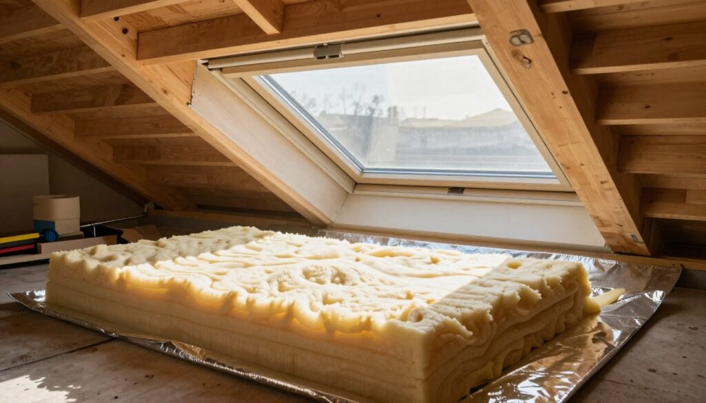 A residential attic space showcasing effective thermal insulation, featuring a newly installed skylight that highlights the integration of high-quality insulation materials. In the foreground, a close-up view of thick, layered insulation foam and reflective barriers is visible to emphasize energy efficiency. The middle ground captures the sleek skylight, with sunlight filtering through, casting soft shadows and illuminating the surrounding insulated rafters. The background shows a well-finished roof structure, with a few tools and insulating materials neatly arranged, suggesting an ongoing installation project. The lighting is warm and inviting, creating a sense of comfort and energy conservation. The overall mood should evoke professionalism and practicality in home energy efficiency, illustrating the importance of quality installation in building thermal performance.