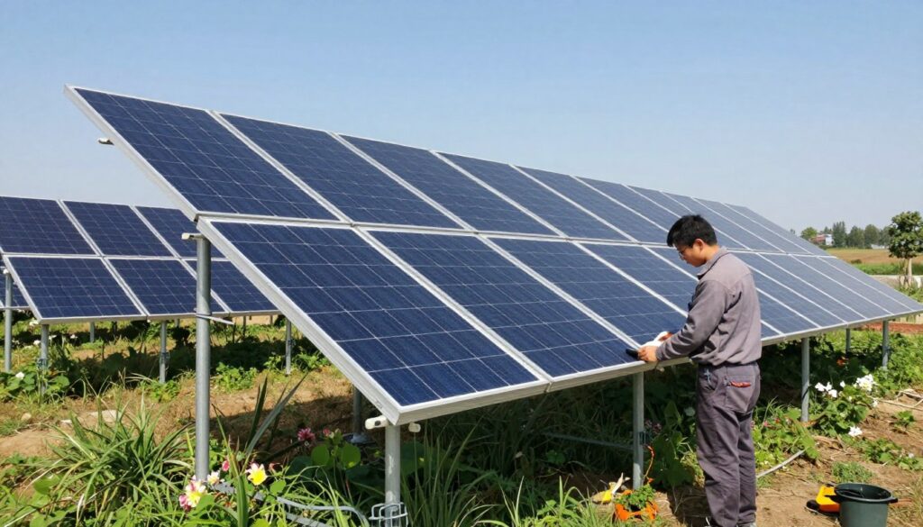 A sunny outdoor scene depicting a solar panel installation on the ground, showcasing an organized array of photovoltaic panels mounted securely on sturdy metal frames. In the foreground, a professional technician in modest casual clothing is checking the alignment and connections of the panels, with tools at hand. The middle section reveals the solar panels tilting towards the sun, surrounded by green grass and a few flowering plants, representing a sustainable environment. In the background, a clear blue sky enhances the brightness, with a distant view of trees and a rural landscape. Soft, natural lighting casts gentle shadows, creating a harmonious and productive atmosphere. The camera angle is slightly elevated to capture both the technician and the panel setup effectively.