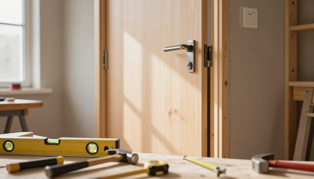 A well-lit construction environment featuring an open door frame as the focal point, showcasing the preparation of a door opening. In the foreground, tools like a level, measuring tape, and a hammer are neatly arranged on a workbench. The middle ground highlights the door frame with precise edges, freshly cut wood, and visible clamps securing it in place. In the background, a partially completed wall retains a natural wood texture, with soft, diffused sunlight streaming in from a nearby window, illuminating the workspace. The atmosphere is focused and professional, evoking a sense of craftsmanship and attention to detail, perfect for illustrating the process of preparing a door opening for proper installation.